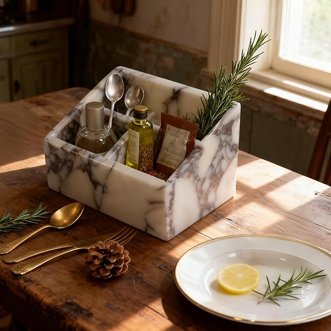 Marble Desk Organizer with 3 Compartments, White and Purple Pattern, Modern Design (White)