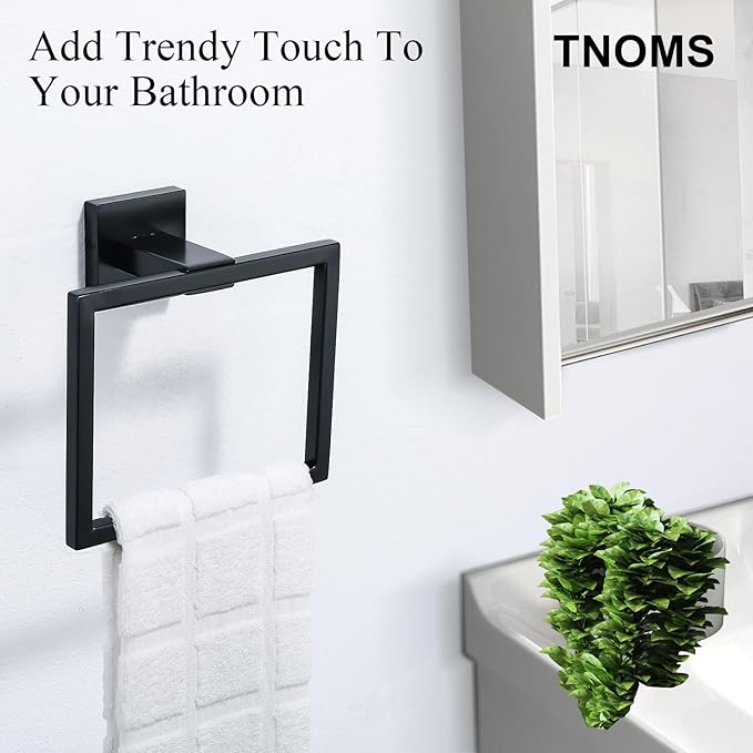 TNOMS Black Towel Ring Modern Square Hand Towel Bar,Towel Holder for Bathroom,Wall Mount Stainless Steel