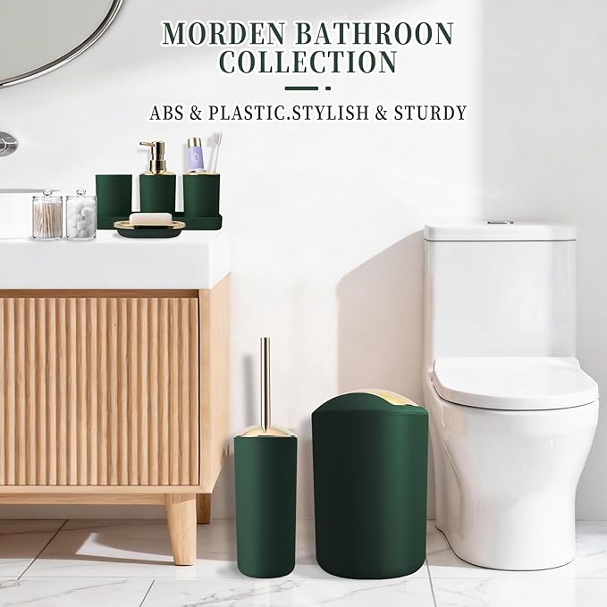 BSSN Green Bathroom Accessories Set, Luxurious 9-Piece Bath Decor Set with Trash Can, Toilet Brush, Gold Pump Soap Dispenser, Multi-Slot Toothbrush Holder, Qtip Jars, Vanity Tray and Tumbler