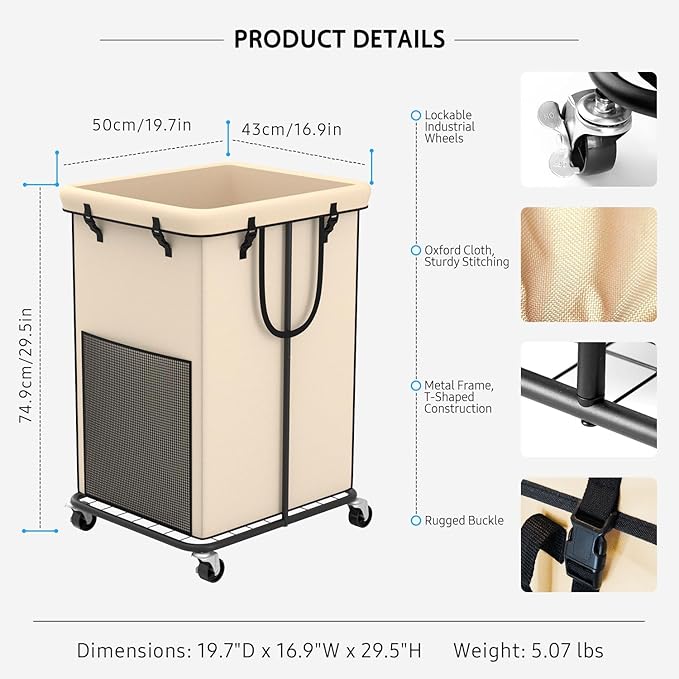 YKDIRECT 150L Large Laundry Hampers, Oxford Fabric Laundry Hampers Clothes Hampers, Metal Frame and Removable Bag Design with Wheels, Suitable for Bedroom, Bathroom, Dorm Room, Laundry Room (White)