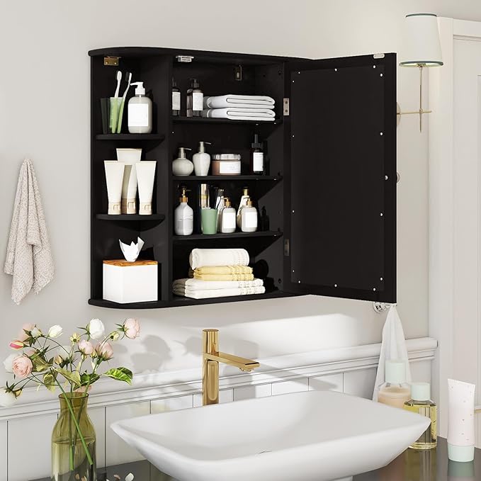 COSTWAY Medicine Cabinet with Mirror, Wall Mounted Bathroom Storage Cabinet with Mirror Door and Adjustable Shelves, Space-Saving Storage Organizer for Living Room Kitchen Entryway (Black)
