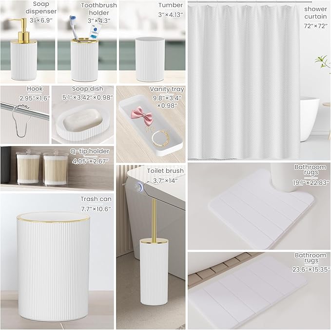 White and Gold Bathroom Accessories Set - Bathroom Sets, 25PC Bath Accessory Set, Bathroom Sets with Push Top Trash Can, Shower Curtain and Rugs, Toilet Brush, Trash Can & Soap Dispenser