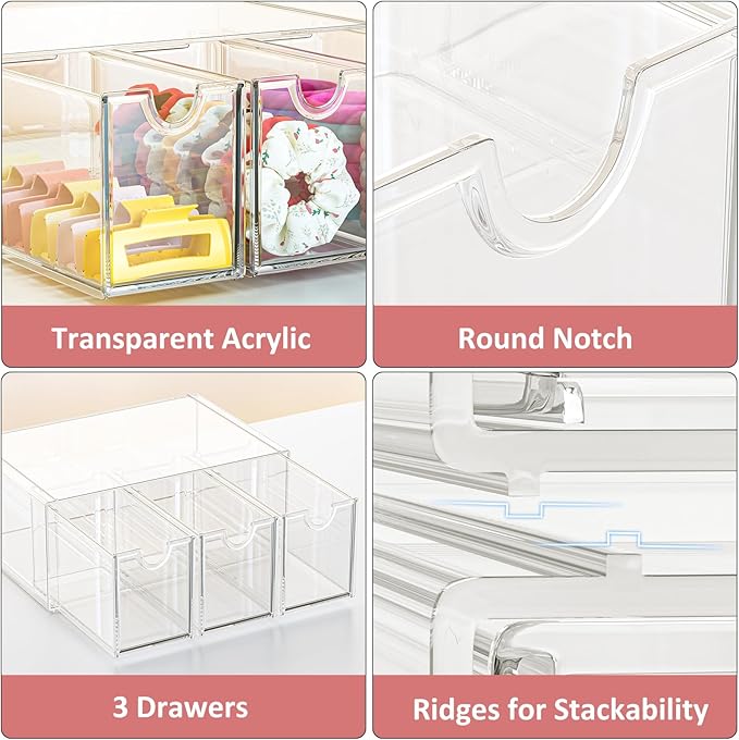 Hair Accessories Organizer for Girls, Clear Acrylic Hair Tie Bow Claw Clip Scrunchie Holder with 3 Drawers, Cute Stackable Storage Container Caddy Box for Bathroom Vanity Countertop