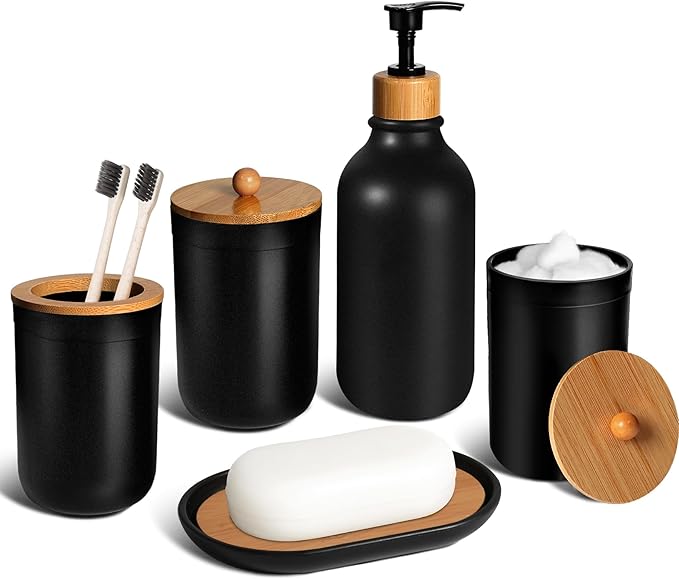 Black Bathroom Accessories Set 5 Pcs, Matte Black Bathroom Accessories, Plastic Soap Dispenser and Toothbrush Holder Set, Soap Dish, Cotton Swab Jar, Black Bathroom Set, Boho Bathroom Decor