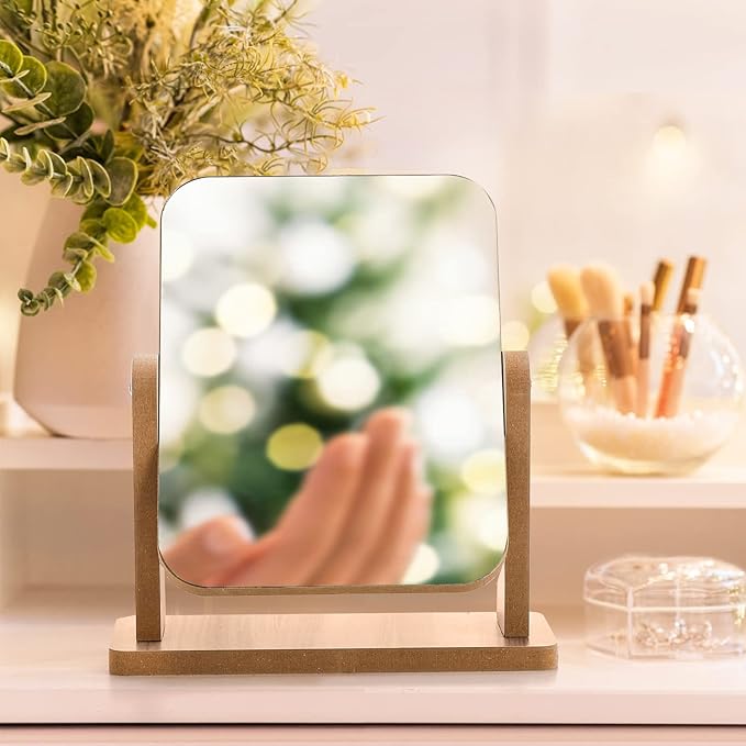 DEAYOU 2 Pack Vanity Mirror with Wood Stand, 360 Degree Rotation Makeup Mirror, Small Standing Swivel Cosmetic Mirror, Portable Wood Tabletop Mirror for Desk, Make Up, Gift, High-Definition