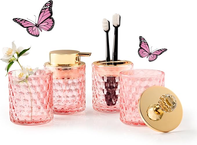 Pink Bathroom Accessories, 4Pcs Pink Bathroom Accessory Set Complete, Toothbrush Holder Set, Soap Dispenser, Qtip Holder, Tumbler, Perfect for Bathroom Decor and Vanity