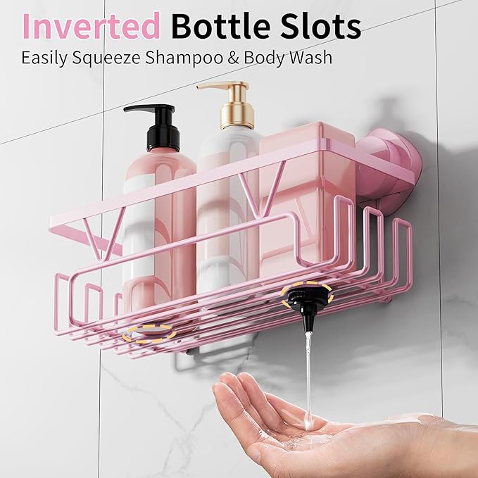 KEGII Suction Cup Shower Caddy – 3 Pack Suction Cup Shelf with Soap Holder & Hooks, Rustproof Stainless Steel Shower Organizer Rack, Removable No Drilling Bathroom Storage Rack, Pink