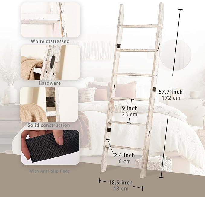 Blanket Ladder for The Living Room 6-Tier, Wooden Decorative Quilt Holder for Bed Room, Wall-Leaning Towel Rack for Bathroom，Rustic Farmhouse Ladders for Display. (White Wash)