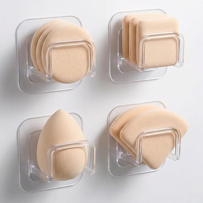 4PCS Adhesive Powder Puff Holder, Wall Mounted Sponge Caddy, Invisible Makeup Sponge Holder for Bathroom - Fits Various Powder Puffs & Saves Space (4.5 * 3.5 * 4.3cm)(Clear)