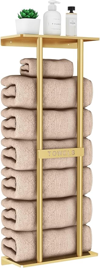 Bathroom Towel Storage Rack for Bathroom, 30 inch Towel Racks Wall Mounted with Shelf Can Holds 6 Large Towels, Wall Towel Rack for Rolled Towels, Gold