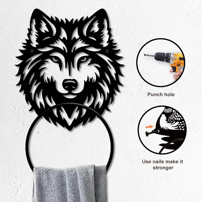 MAYJOYDIY Wolf Metal Towel Ring Animal Theme Bath Towel Ring Wolf Wildlife Towel Holder Wall Mounted Black Art Towel Rack for Bathroom Kitchen Towel Hanger Home Decors Gift