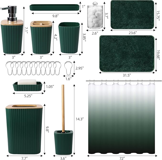 XLHOMO Dark Green Bathroom Accessories Set with Ombre Shower Curtain and Bathroom Rugs,Bathroom Sets with Trash Can,Toothbrush Holder and Cup,Soap Dispenser,Tray,Soap Dish,Toilet Brush,Qtip Holders