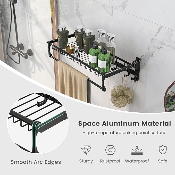 Tangkula Foldable Bathroom Shelf, Wall Mounted Bathroom Shelf Rack w/Adjustable Bar & Movable Hooks, Rustproof & Waterproof Space-Aluminum Holder Organizer, No Assembly Required (Black)