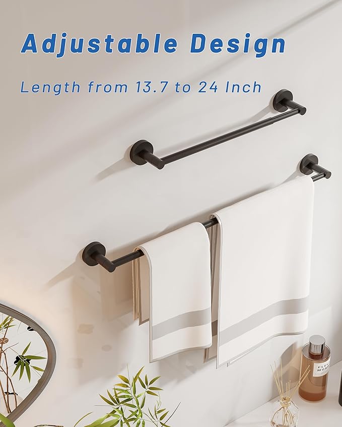 Adjustable Towel Bar, Bathroom Towel Holder from 13.7 to 24Inch, SUS304 Stainless Steel Single Towel Racks for Bathroom, Heavy Duty Wall Mounted (Matte Black)