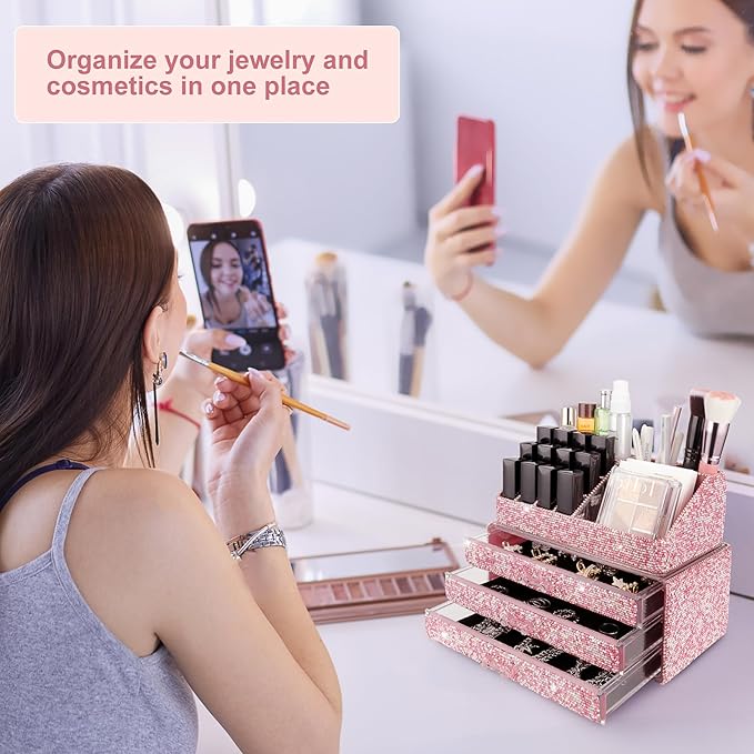 KEYPOWER Makeup Organizers Drawer Bling Diamond,Fashion Countertop Jewelry Cosmetic Storage Display Boxes,Makeup Brush Holder, Cosmetic Holder,2 Pieces Set(Purely Handmade)(Pink)