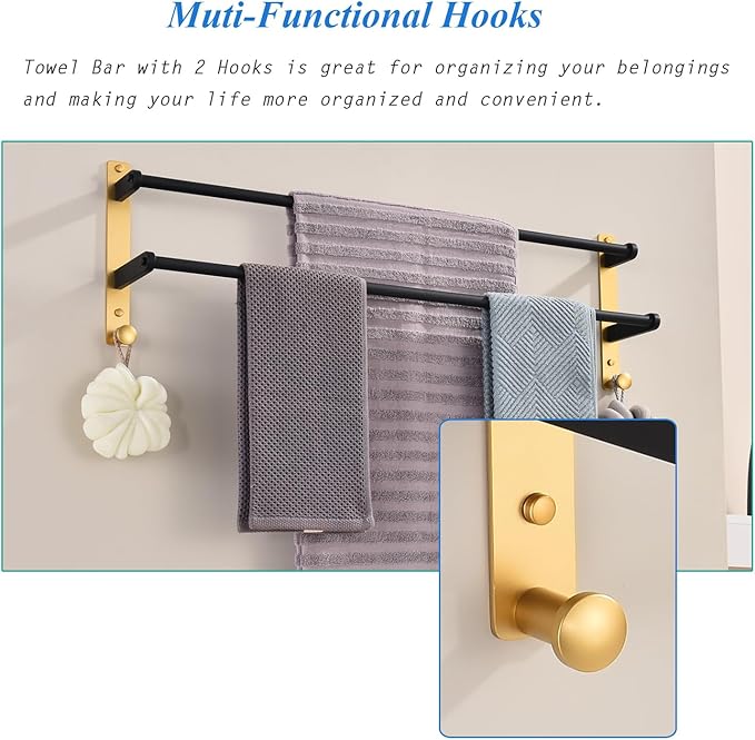 Double Towel Bar with Hooks, 30 Inch Long Towel Hanger - Stainless Steel Bathroom Towel Rack Wall Mounted, Black & Gold