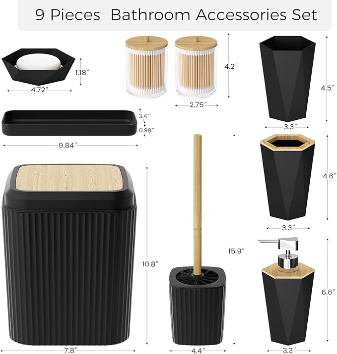 Black Bathroom Accessories Set, Unbreakable Bathroom Set, Trash Can, Toilet Brush with Holder, Soap Dispenser, Toothbrush and Toothpaste Holder, Tumbler, Soap Dish, Qtip Holders, Tray, Bamboo Decor