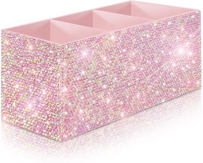 Bling Makeup Brush Holder Organizer, 3 Slot Sparkle Cosmetics Brushes Storage Holders with Shiny Rhinestones, Glitter Cute Pen and Pencil Holder for Desk, Eyeliners Display Case for Vanity???Pink???