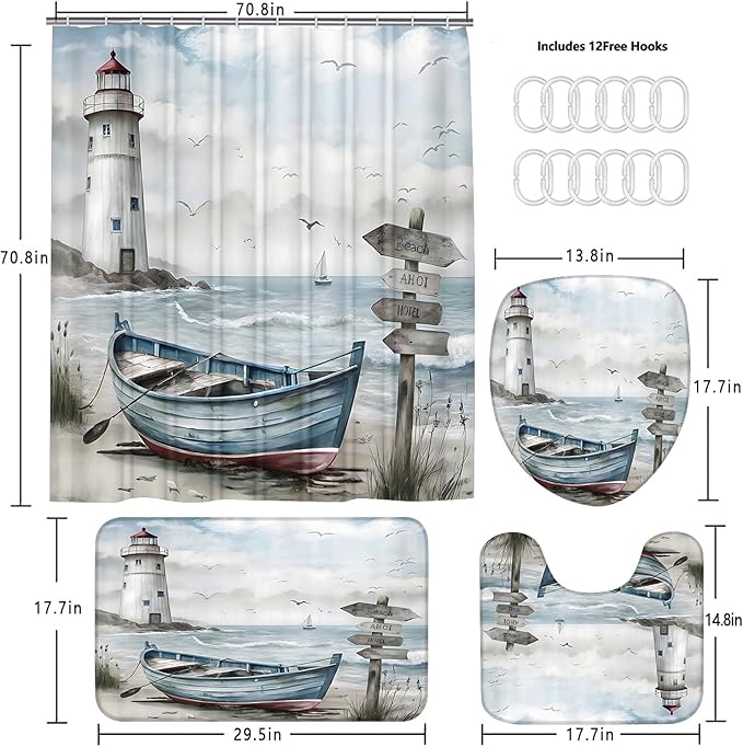 Chrainy 4Pcs Nautical Lighthouse Shower Curtain Sets Wooden Boat Bathroom Set Decor with Non-Slip Rugs Bath U-Shaped Mat Toilet Lid Cover Starfish Lighthouse Bathroom Curtain Shower Set with 12 Hooks