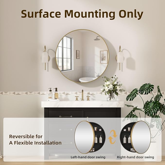 30 x 30 in Round Gold Mirror Medicine Cabinet Surface Mounted, Circular Modern Bathroom Medicine Cabinet with Mirror, Metal Framed Medicine Cabinets with Tempered Glass Mirror