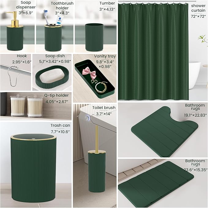 Dark Green Bathroom Accessories Set - Bathroom Sets, 25PC Bath Accessory Set, Bathroom Sets with Push Top Trash Can, Shower Curtain and Rugs, Toilet Brush, Trash Can & Soap Dispenser