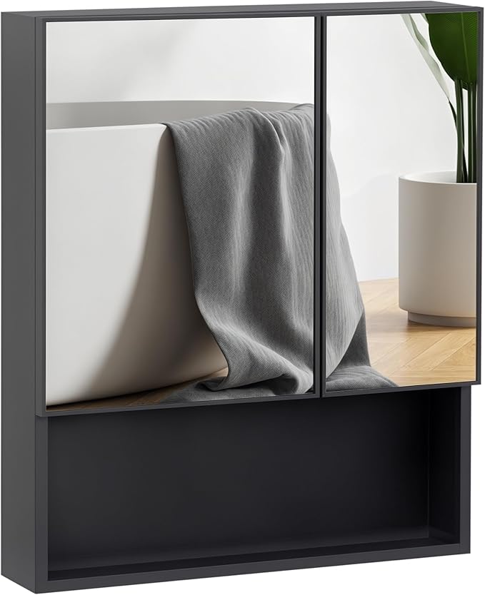 kleankin Wall-Mounted Medicine Cabinet, Bathroom Mirror Cabinet with Double Doors and Storage Shelves, Black