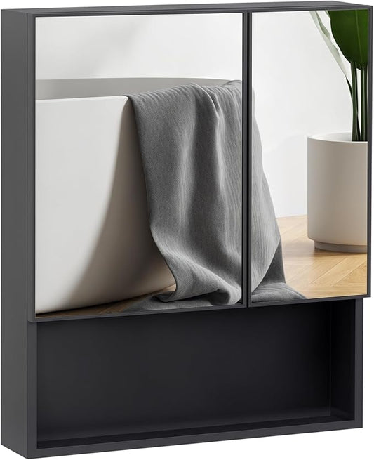 kleankin Wall-Mounted Medicine Cabinet, Bathroom Mirror Cabinet with Double Doors and Storage Shelves, Black