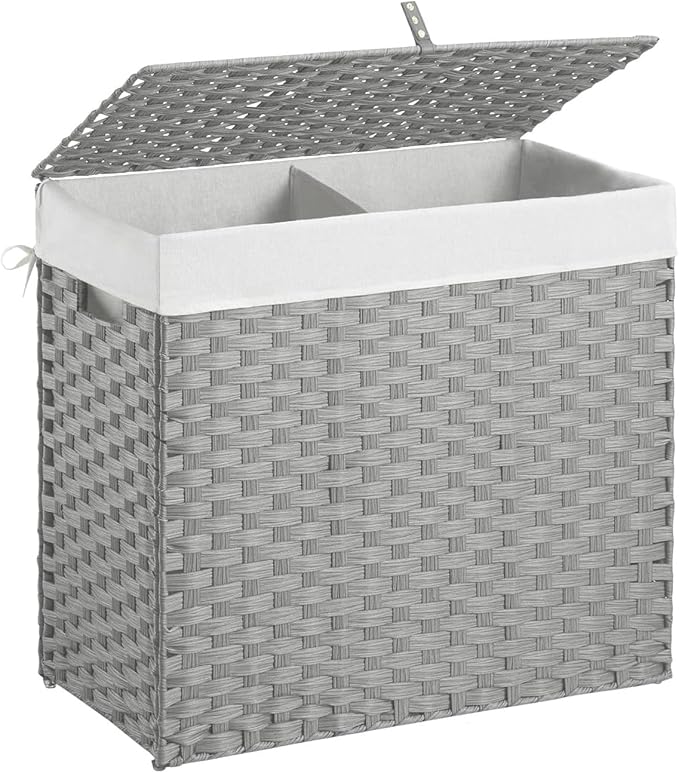 Wicker Laundry Hamper with Lid,130L (34Gal) Foldable Laundry Basket with Removable,Machine Washable 2-Section Liner and Handles,Gray Rattan Hamper for Organization and Storage