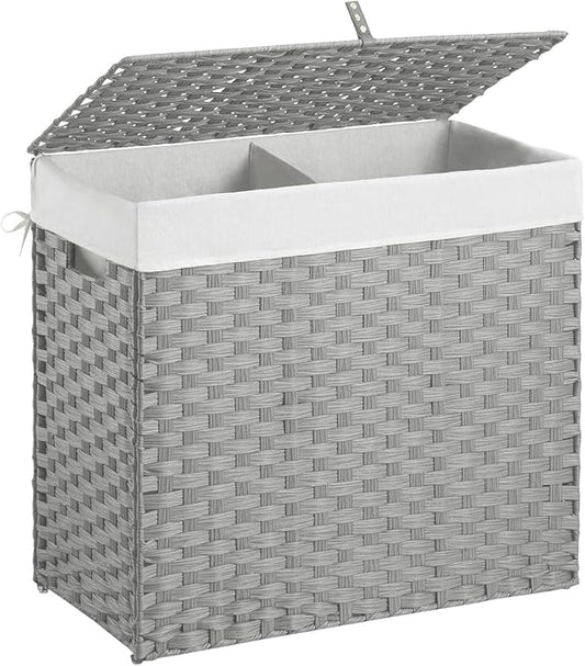 Wicker Laundry Hamper with Lid,130L (34Gal) Foldable Laundry Basket with Removable,Machine Washable 2-Section Liner and Handles,Gray Rattan Hamper for Organization and Storage