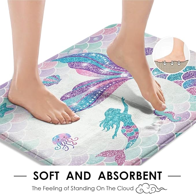 ArtSocket Pink Mermaid Tail Scales Bathroom Set with Shower Curtain and Rugs Accessories Sea Turtle Seahorse Octopus Conch Shower Curtain Set Cute Summer Bathroom Decor 4 Pcs