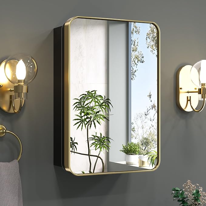 Keonjinn Gold Bathroom Medicine Cabinet with Mirror 16 x 24 Inch, Small Brushed Brass Medicine Cabinet, Stainless Steel Framed, Stepless Adjustable Shelves, DTC Hinges, Recessed or Surface Mount