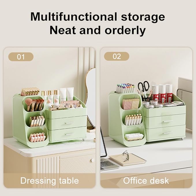 Booklov Makeup Organizer for Vanity, Large Capacity Cosmetic Display Case with Drawers, Countertop Beauty Storage Holder for Skincare, Brush Eyeliner Perfume Eyeshadow Lipsticks, Counter Desk, Green