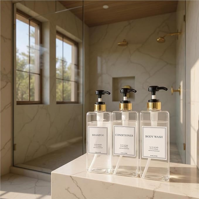 Modern Gold Design Shampoo and Conditioner Dispenser, Large 27oz Shower Soap Dispenser, Set of 3 Refillable Empty Plastic Pump Bottles for Bathroom (6 Waterproof Labels Included), (Clear & Black)