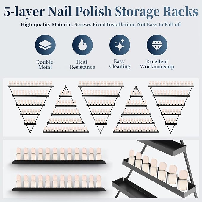 5 Tiers Nail Polish Shelves for The Walls 10pcs - Versatile Nail Polish Wall Organizer Wider Depth for Perfume & Nails Color Display - Durable Wall Nail Polish Organizer in Spa Nail Salon Shop, Black