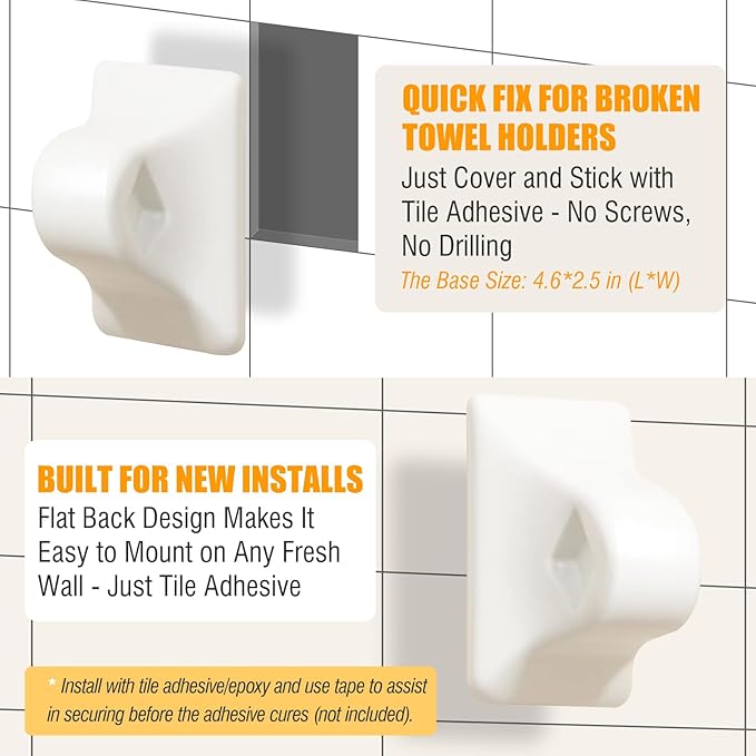2 Pcs Flat Back Ceramic Towel Bar Holder Brackets for Any Wall, Porcelain Replacement Towel Rack for Bathroom, Kitchen (White, Rod not Included)