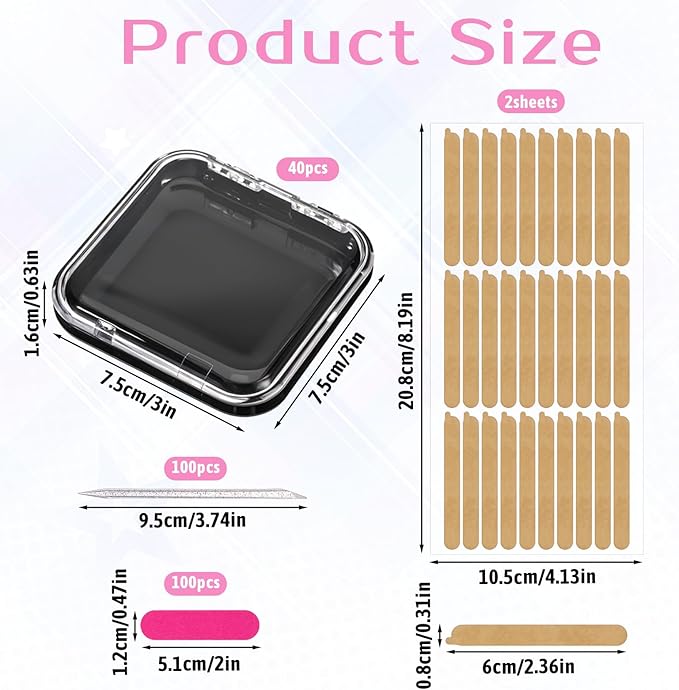 40 Pcs Press On Nail Packaging Box, 3 x 3 x 0.63 Inch Acrylic Nails Display Case with 60 Pcs Adhesive Double Sided Tape, Frosted Strip, Peritectic Rod Fake Nails Storage Case for Nail Salon