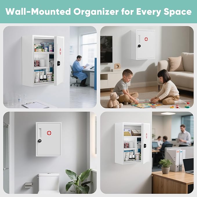 POKIPO Wall Mount Locking Medicine Cabinet, Empty Metal Medicine Storage Box with All-Metal Digit Lock, Bathroom Cabinet Organizer Over the Toilet, Keyless First Aid Box for Home School Business