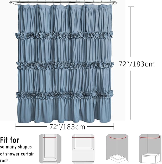 Dusty Blue Ruffle Shower Curtain, Vintage Handcrafted Bow Tie Bath Curtain for Master Bathroom, Ruched Microfiber Bathroom Curtain with 12 Buttonholes, 72" W x 72" H (LQ-10)