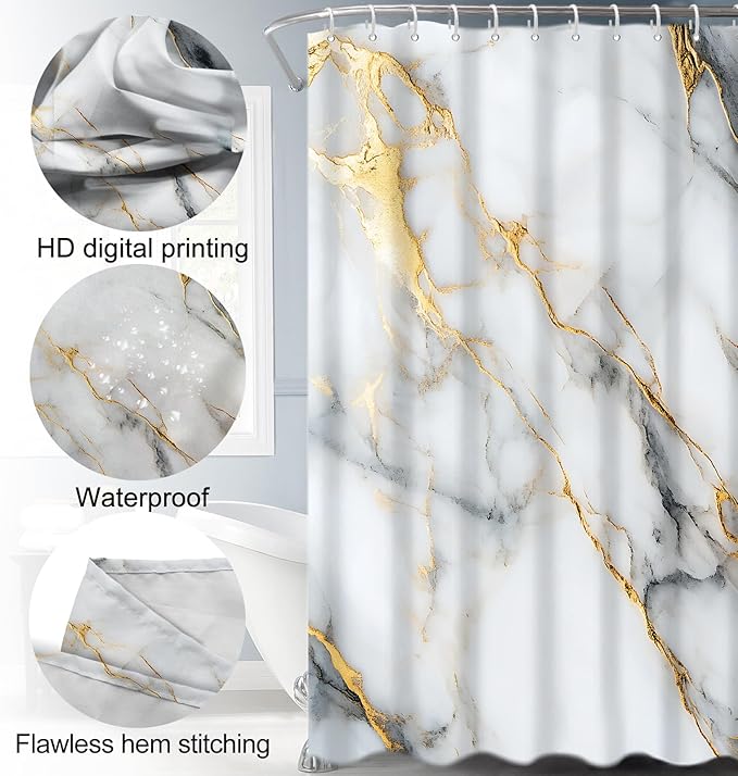 Lnond 4Pcs Marble Bathroom Sets with Shower Curtain and Rugs,White Gold Marble Modern Art Bathroom Shower Curtain Sets with Rugs and Accessories