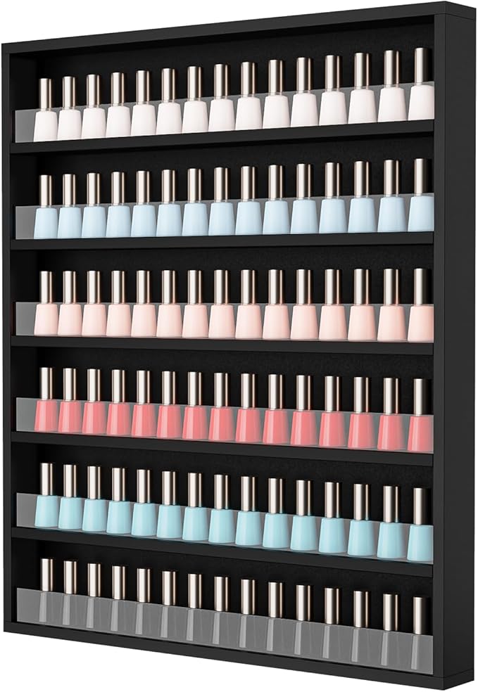OmySalon Nail Polish Organizer Wall Mount - Holds 120+ Bottles with Acrylic Barrier, Salon Display Rack for Home Spa & Nail Studio - Assembly Required, Wooden Polish Storage (Black, 6-Tier)