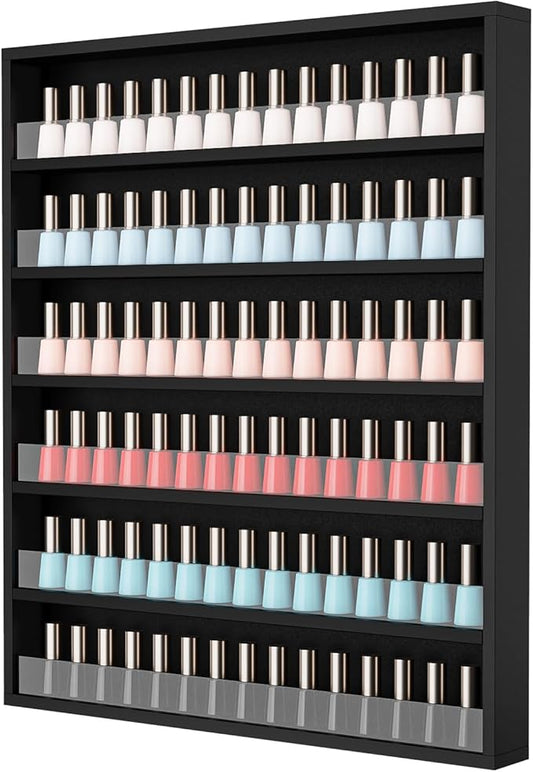 OmySalon Nail Polish Organizer Wall Mount - Holds 120+ Bottles with Acrylic Barrier, Salon Display Rack for Home Spa & Nail Studio - Assembly Required, Wooden Polish Storage (Black, 6-Tier)