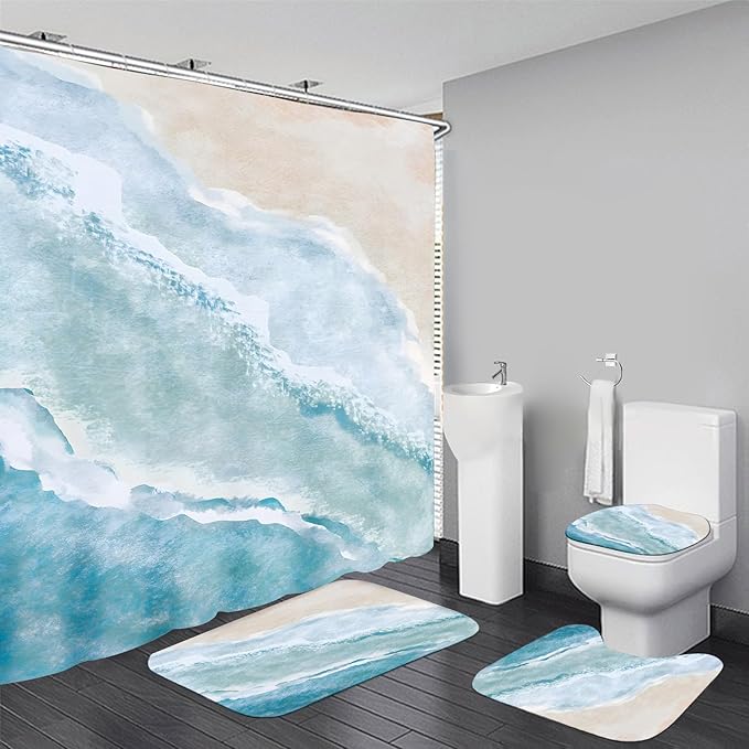 Yizheer 4Pcs Beach Coastal Shower Curtain Sets, Teal Blue Coastal Ocean Beach Theme Bathroom Curtain with Rugs, Toilet Lid Cover and Bath Mat