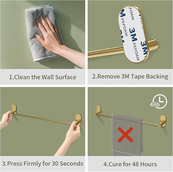 Self Adhesive Towel Bar for Bathroom 24ich Stainless Steel and Zinc Alloy No Drill Towel Rack Heavy Duty Hanger Stick On Hand Towel Holder for Kitchen, Cabinet, Door, Shower, Brushed Gold