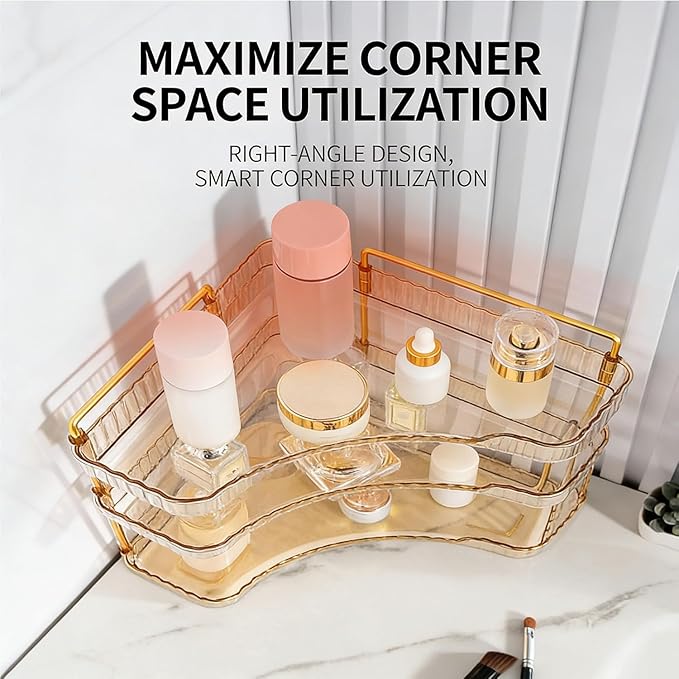 Multi-Tier Corner Countertop Organizer Rack, Makeup Organizers for Vanity, Practical Shelf for Toiletries and Accessories, Corner Counter Storage for Bathroom Dresser (Gold-2Tier)