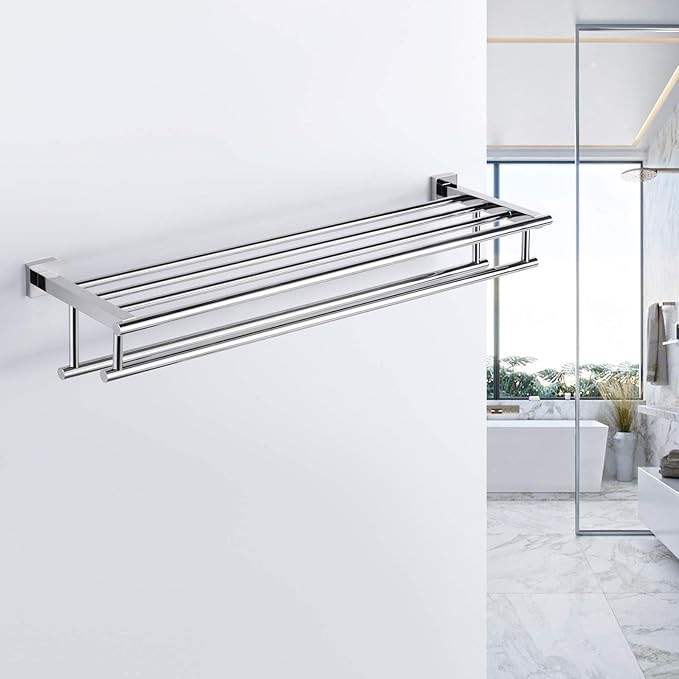 KES Large Towel Rack, Towel Shelf with Two Bar (29.37Inch Stainless Steel) Shower Organizer Modern Square Style Wall Mount Polished Finish, A2112S75