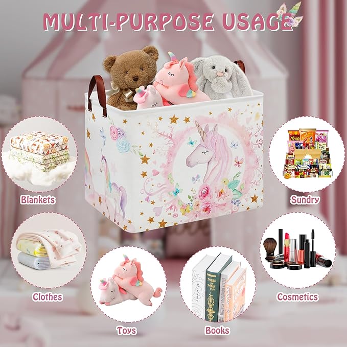 Unicorn Room Decor Kids Basket,Pink Baby Girl Laundry Hamper-Rainbow Toddler Storage Toy Box,Cute Clothes Book Toy Bin for Bedroom Bathroom