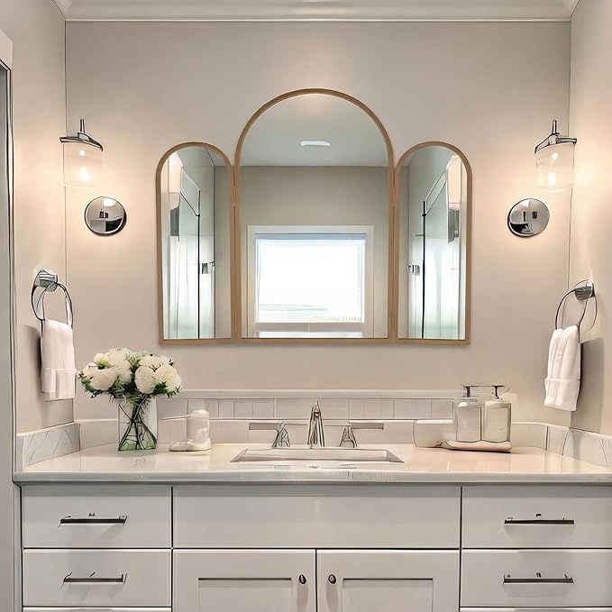 Wonderjune Trifold Vanity Mirrors 3 Way, 30 x 37 in Adjustable Arch Trifold Mirror for Bathroom Bedroom, Decorative Folding 3 Sided Mirror Wall Mounted for Braiding Hair Makeup(Vintage Gold)