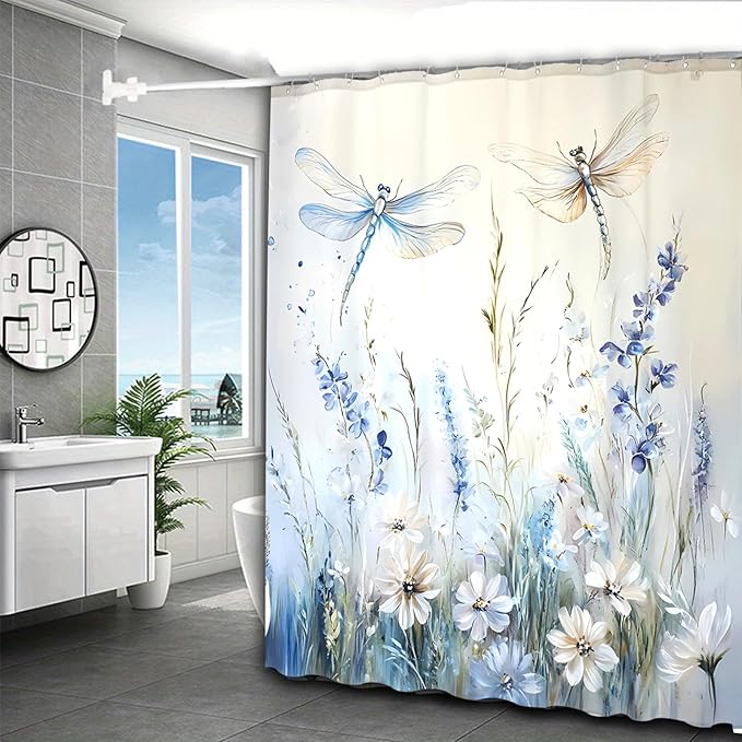 Dreamrflove Dragonfly Shower Curtain, 1-Pack Dragonfly Bathroom Shower Curtain, Blue Vintage Plant Flowers Fabric Bathroom Decoration, 72x72 Inch Waterproof Polyester Insulation Home Accessories