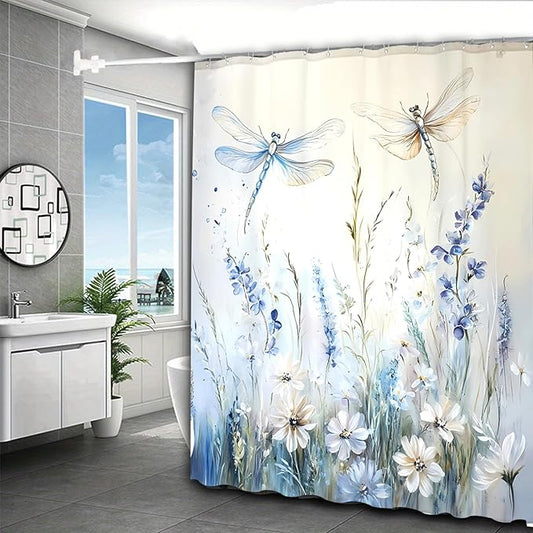 Dreamrflove Dragonfly Shower Curtain, 1-Pack Dragonfly Bathroom Shower Curtain, Blue Vintage Plant Flowers Fabric Bathroom Decoration, 72x72 Inch Waterproof Polyester Insulation Home Accessories