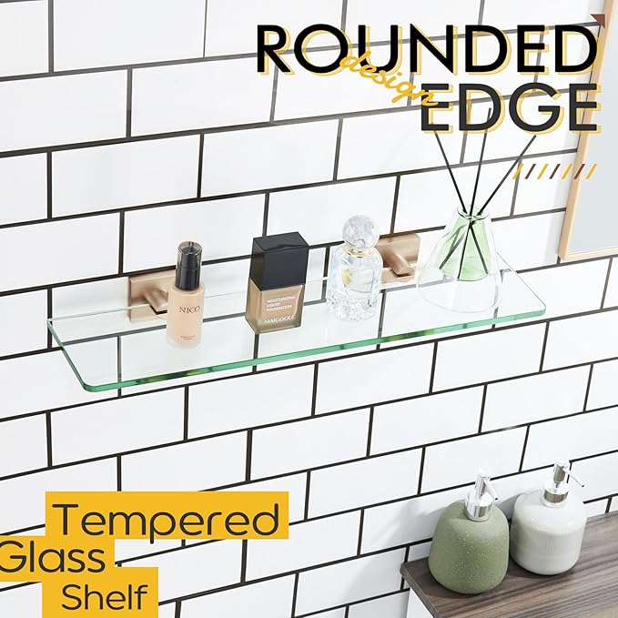 KOKOSIRI Tempered Glass Shelf 20-Inch Floating Wall Shelves for Bathroom Kitchen Shower Storage Decor Rack, Champagne Bronze Stainless Steel B1107CPG-L20